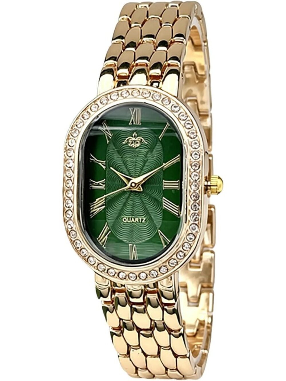 Women's Gold Green Oval Metal Rhinestones Case Adjustable Stainless Steel Watch